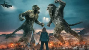 Two giant trolls fighting in a snowy landscape with helicopters and fire in the background from the Troll 2 movie (2025) poster art.