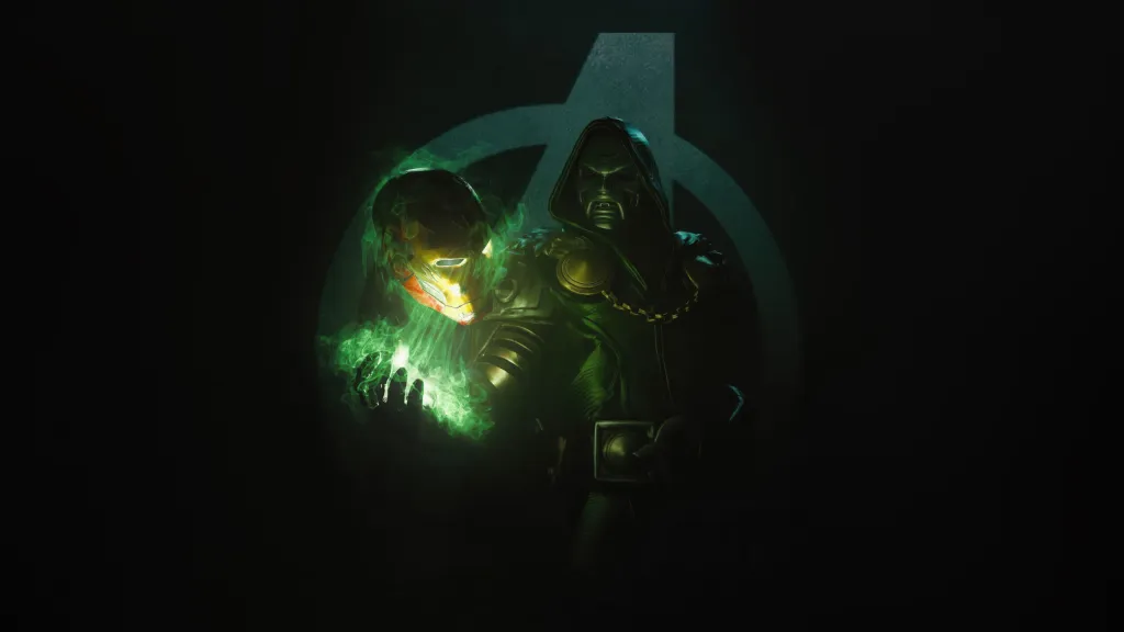 Artistic rendering of Doctor Doom in shadow holding a damaged, glowing Iron Man helmet, symbolizing the shift to the Avengers Doomsday production narrative.