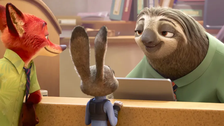 Judy Hopps and Nick Wilde waiting at the DMV counter while Flash the Sloth smiles slowly, illustrating comedic pacing in the Zootopia screenplay.