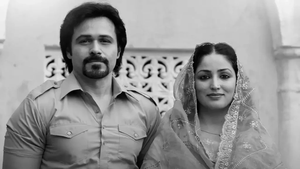 Haq movie 2025 still showing a married couple during the early years of their relationship in a period setting