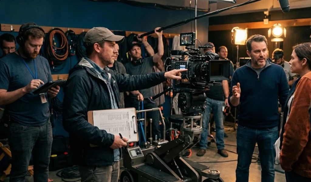 Best Boy film crew managing lighting and camera logistics on a professional movie set