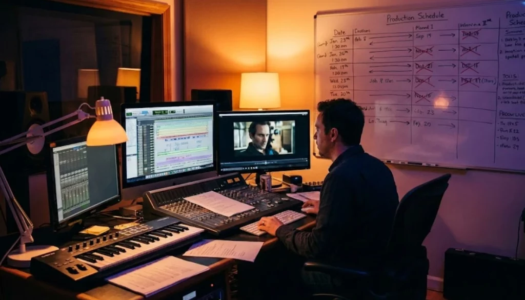 Film composer creating a movie score step by step while syncing music to picture