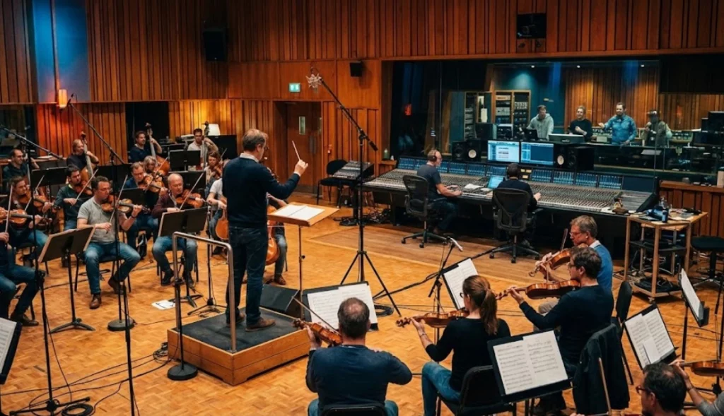 Orchestra recording a film score during a professional movie scoring session