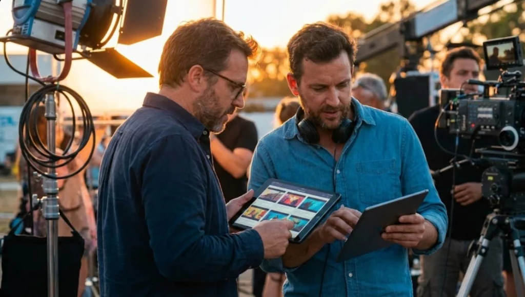 Directors and assistant directors using pre-production planning software to manage film scheduling on set