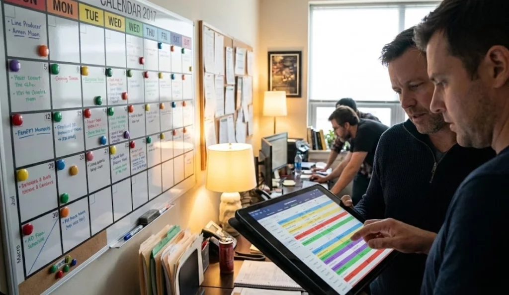 Film production team using calendars and stripboards during pre-production planning for film scheduling