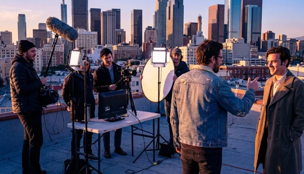 Independent filmmakers shooting on location, reflecting the low-budget spirit behind the Blaxploitation film movement