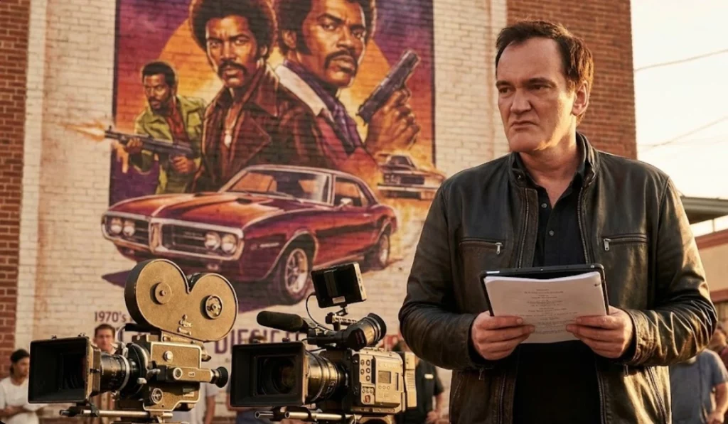 Director on set with vintage cameras in front of Blaxploitation-inspired artwork from 1970s American cinema