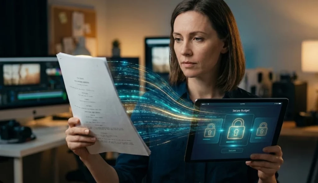 Producer verifying film script and secure production budget to prevent fraud