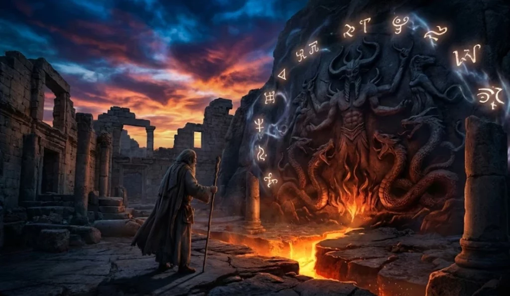 Mythological origins of the Dark Lord archetype in fiction shown through ancient demon imagery
