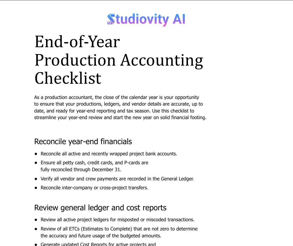 End-of-year production accounting checklist showing financial reconciliation steps for film productions