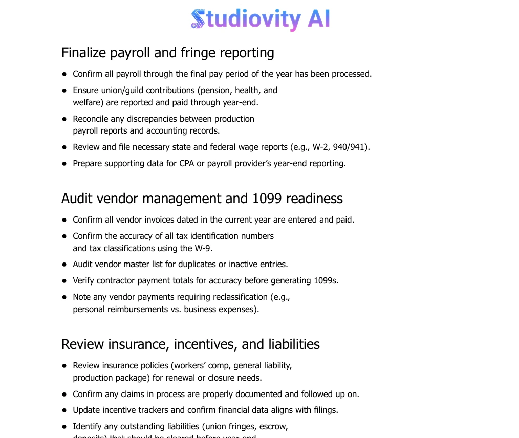 Production accounting checklist for payroll, fringe reporting, and 1099 readiness in film and TV