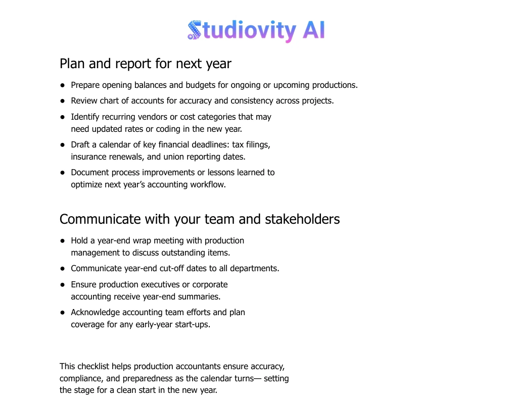 Film production accounting checklist covering insurance review, tax incentives, and liabilities