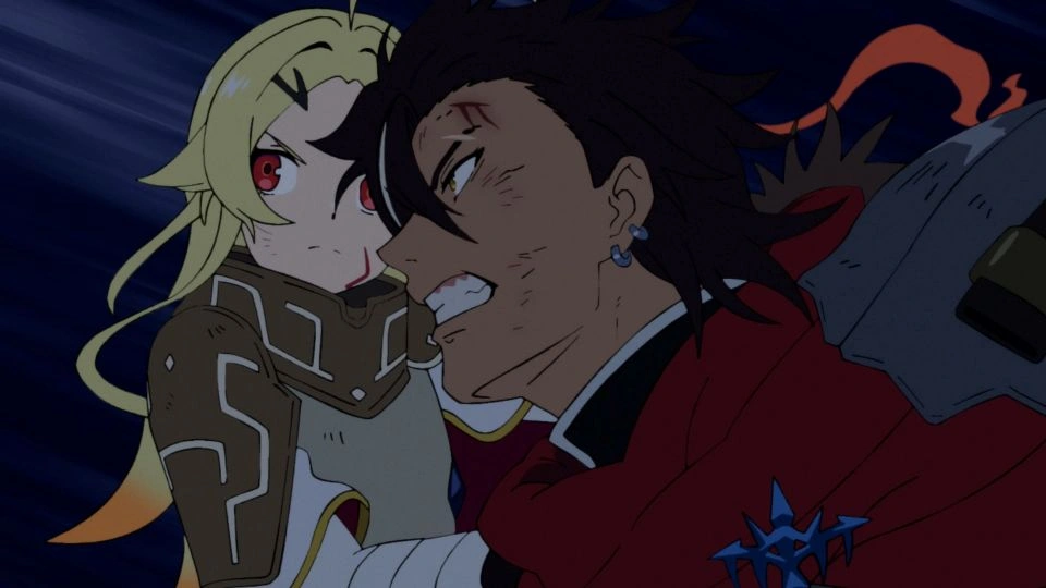 Sentenced to Be a Hero anime scene showing Xylo Forbartz locked in brutal combat with the goddess Teoritta during a dark fantasy battle