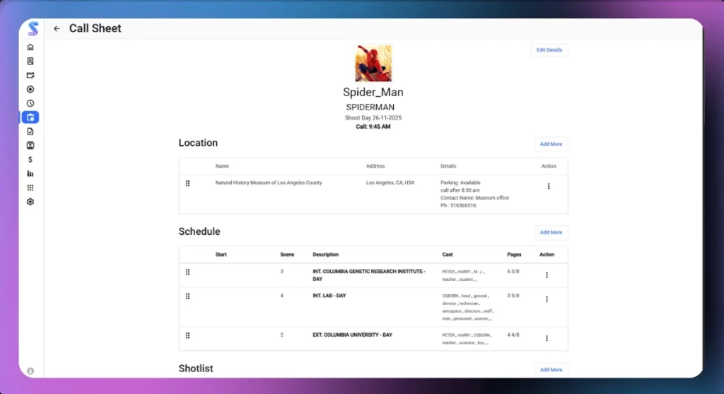film call sheet software