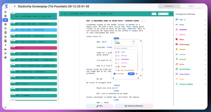 script breakdown software studiovity film production software