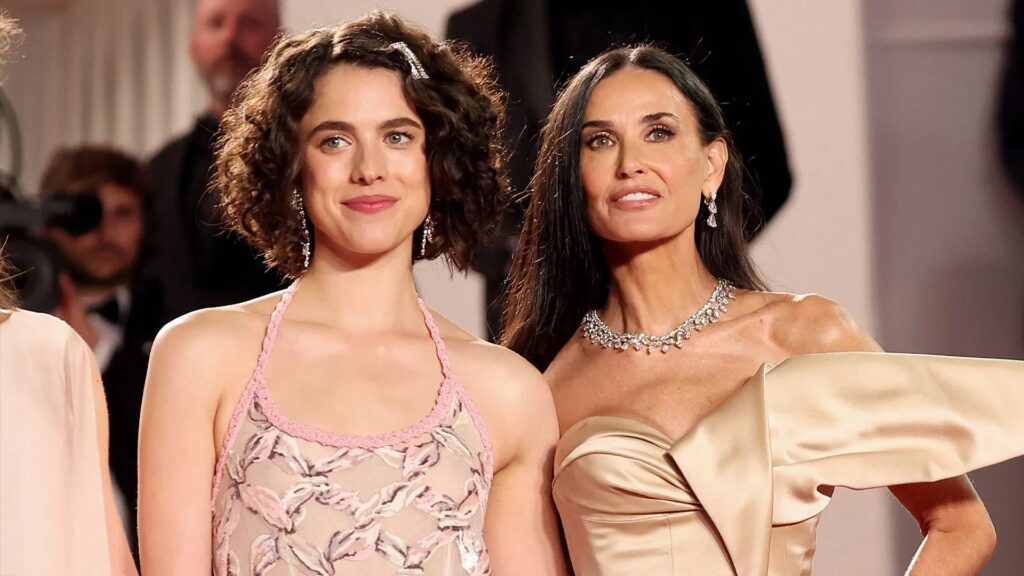 Two versions of the protagonist at a film premiere in The Substance (2024), symbolizing identity and transformation