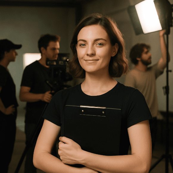 Confident film director holding shot list clipboard on a professional video production set with crew and lighting setup