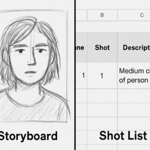 Storyboard sketch compared with shot list spreadsheet showing differences in video production planning tools