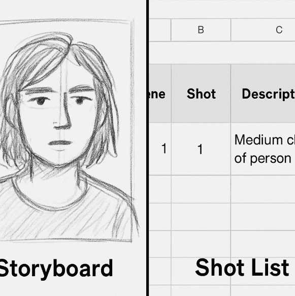 Storyboard sketch compared with shot list spreadsheet showing differences in video production planning tools