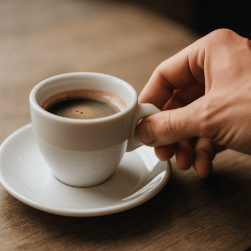 Close-up B-roll shot of hand holding espresso cup on table used for smooth video transitions and cinematic storytelling