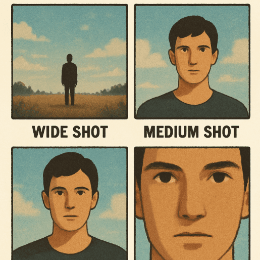 Filmmaking shot types comparison showing wide shot, medium shot, and close-up framing for visual storytelling