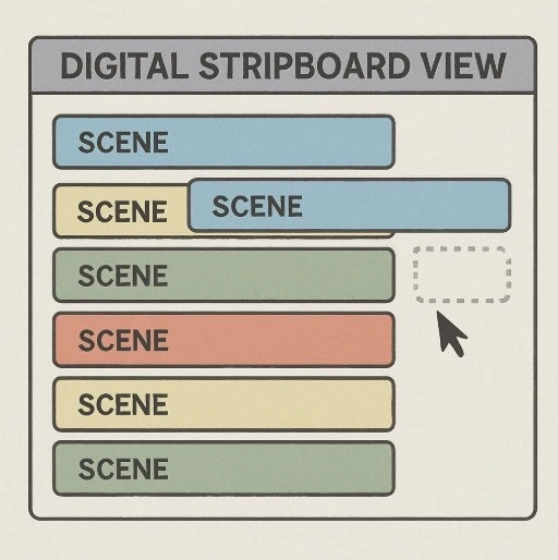 A digital stripboard view showing color-coded horizontal strips representing different scenes being reordered.