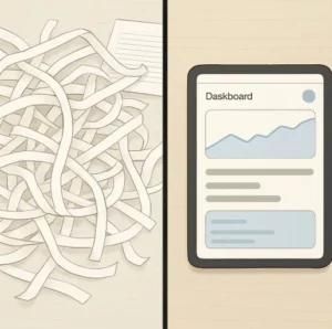 A clean, modern split-screen showing a chaotic desk with paper strips on one side and a streamlined tablet interface on the other.