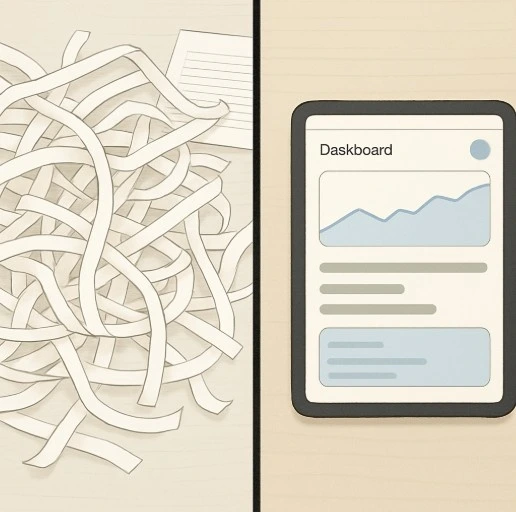 A clean, modern split-screen showing a chaotic desk with paper strips on one side and a streamlined tablet interface on the other.