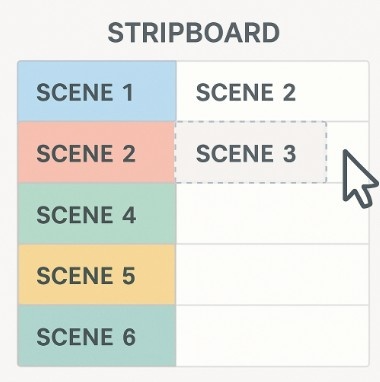 A clean, modern digital stripboard interface with colorful blocks representing scenes, highlighting how they can be dragged and dropped.