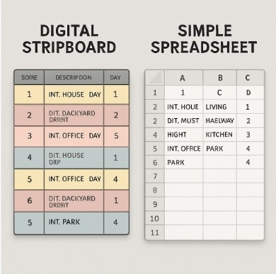 A visual comparison of a digital stripboard interface versus a simple spreadsheet.