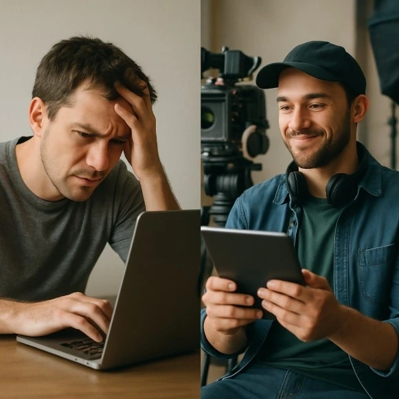 A person looking stressed at a computer next to a person looking relaxed on a film set holding a tablet.