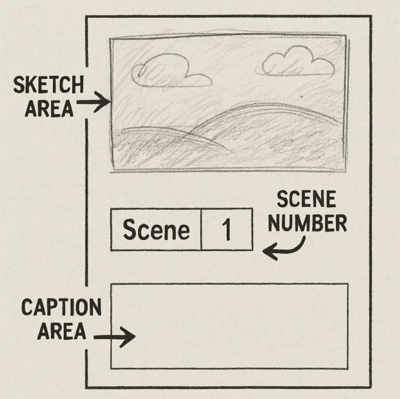 A diagram of a single storyboard panel with arrows pointing to the sketch area, the scene number, and the caption area below.