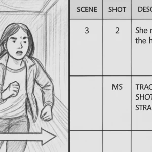 A split-screen graphic showing a storyboard sketch on the left and its corresponding technical shot list row on the right.