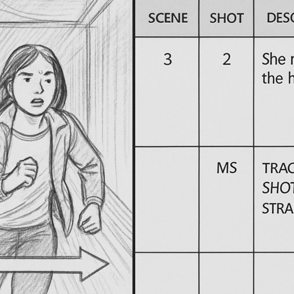 A split-screen graphic showing a storyboard sketch on the left and its corresponding technical shot list row on the right.