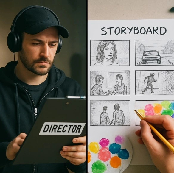 A split-screen image showing a director looking at a clipboard on one side and a creative storyboard on the other, representing the balance of logic and art.