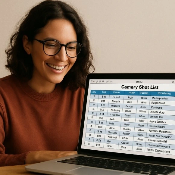 A creator smiling while looking at a laptop screen that shows a clearly organized digital table of camera shots.