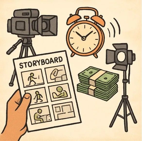 A conceptual illustration of a film set with a 'clock' ticking next to a pile of money, showing how a storyboard keeps things moving.
