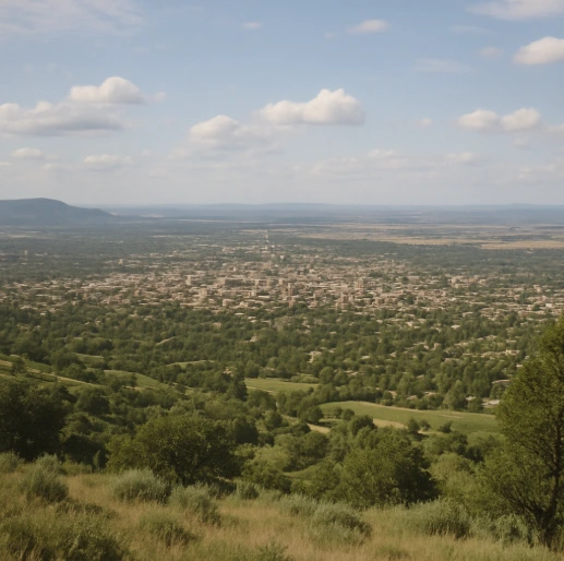 An expansive landscape shot from a high vantage point, showing a wide view of a cityscape or natural environment.