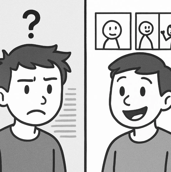 A split-screen illustration showing a confused face looking at a wall of text on the left, and a smiling face looking at a simple 3-panel sketch on the right.