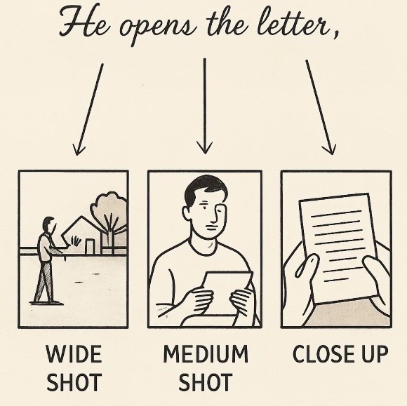 A graphic showing a line of script text: 'He opens the letter,' with three lines pointing to a Wide Shot, a Medium Shot, and a Close Up of the paper.