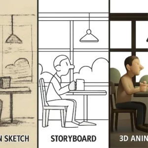 A three-paneled graphic showing a rough napkin sketch, a detailed digital storyboard, and a 3D animatic frame.