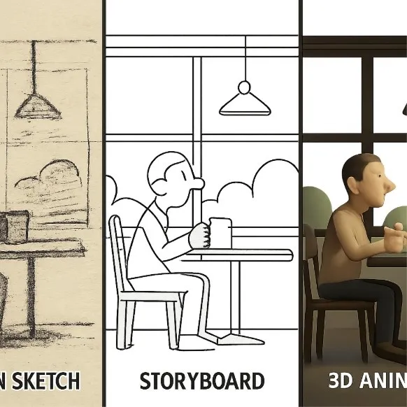 A three-paneled graphic showing a rough napkin sketch, a detailed digital storyboard, and a 3D animatic frame.