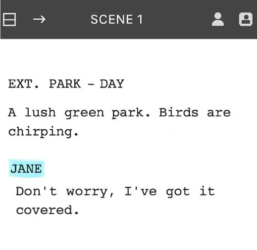 A screenshot of a digital script breakdown tool where a character name and a prop are highlighted in different colors.