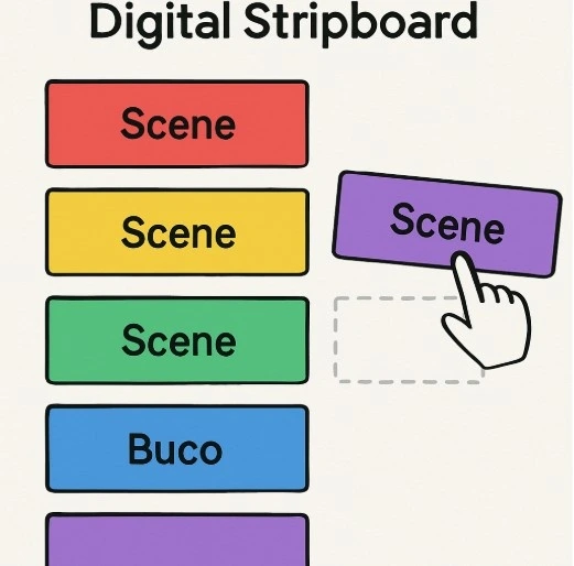 A digital stripboard showing color-coded blocks being dragged and dropped into a sequence.