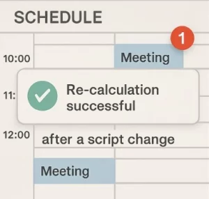 A notification icon on a digital schedule showing a 're-calculation successful' message after a script change.