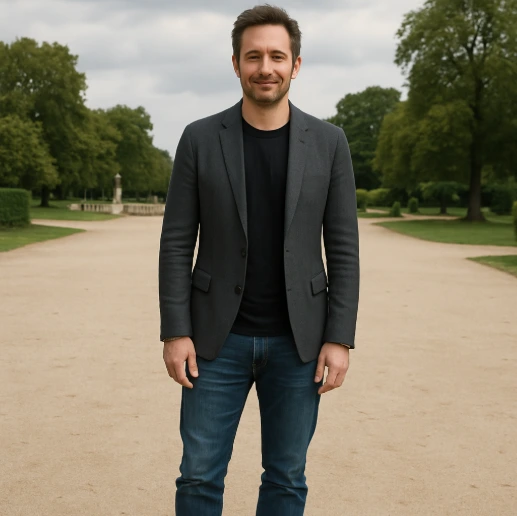 An actor standing amidst a spacious outdoor setting, highlighting the full figure and some background details.