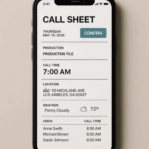 A mobile phone displaying a 2026-style digital call sheet with a 'confirm' button for crew members.