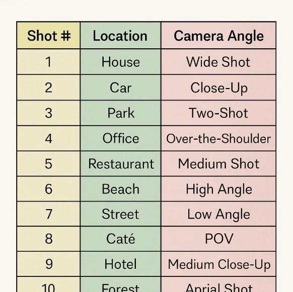 A clean, color-coded spreadsheet showing columns for Shot #, Location, and Camera Angle.