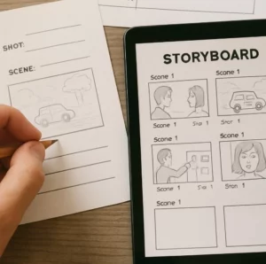 A collage showing a hand drawing on a paper template next to a tablet running a storyboard app.
