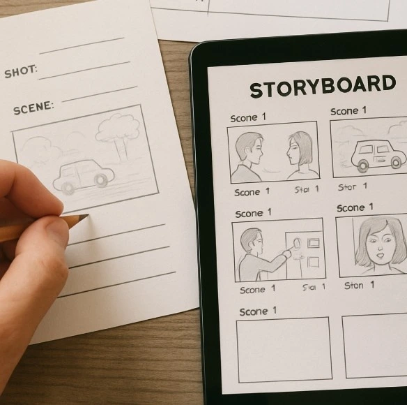 A collage showing a hand drawing on a paper template next to a tablet running a storyboard app.
